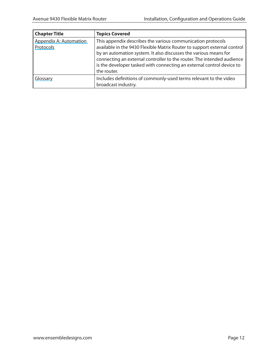 Ensemble Designs 9430 Flexible Matrix Router for 3G / HD / SD / ASI User Manual | Page 12 / 138