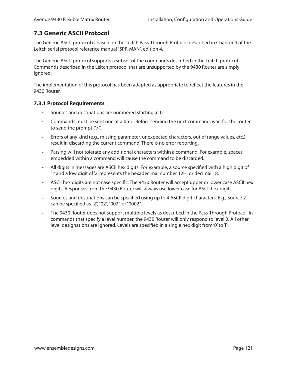 3 generic ascii protocol, 1 protocol requirements | Ensemble Designs 9430 Flexible Matrix Router for 3G / HD / SD / ASI User Manual | Page 121 / 138