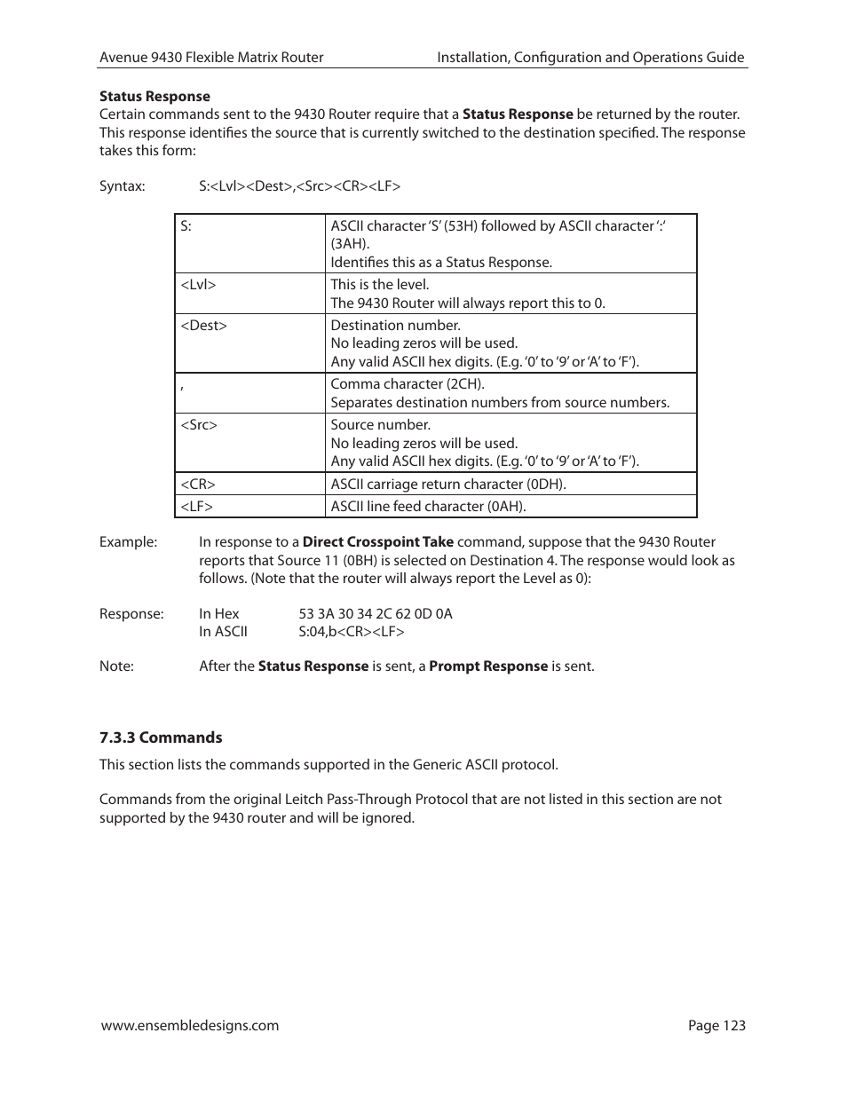 3 commands | Ensemble Designs 9430 Flexible Matrix Router for 3G / HD / SD / ASI User Manual | Page 123 / 138
