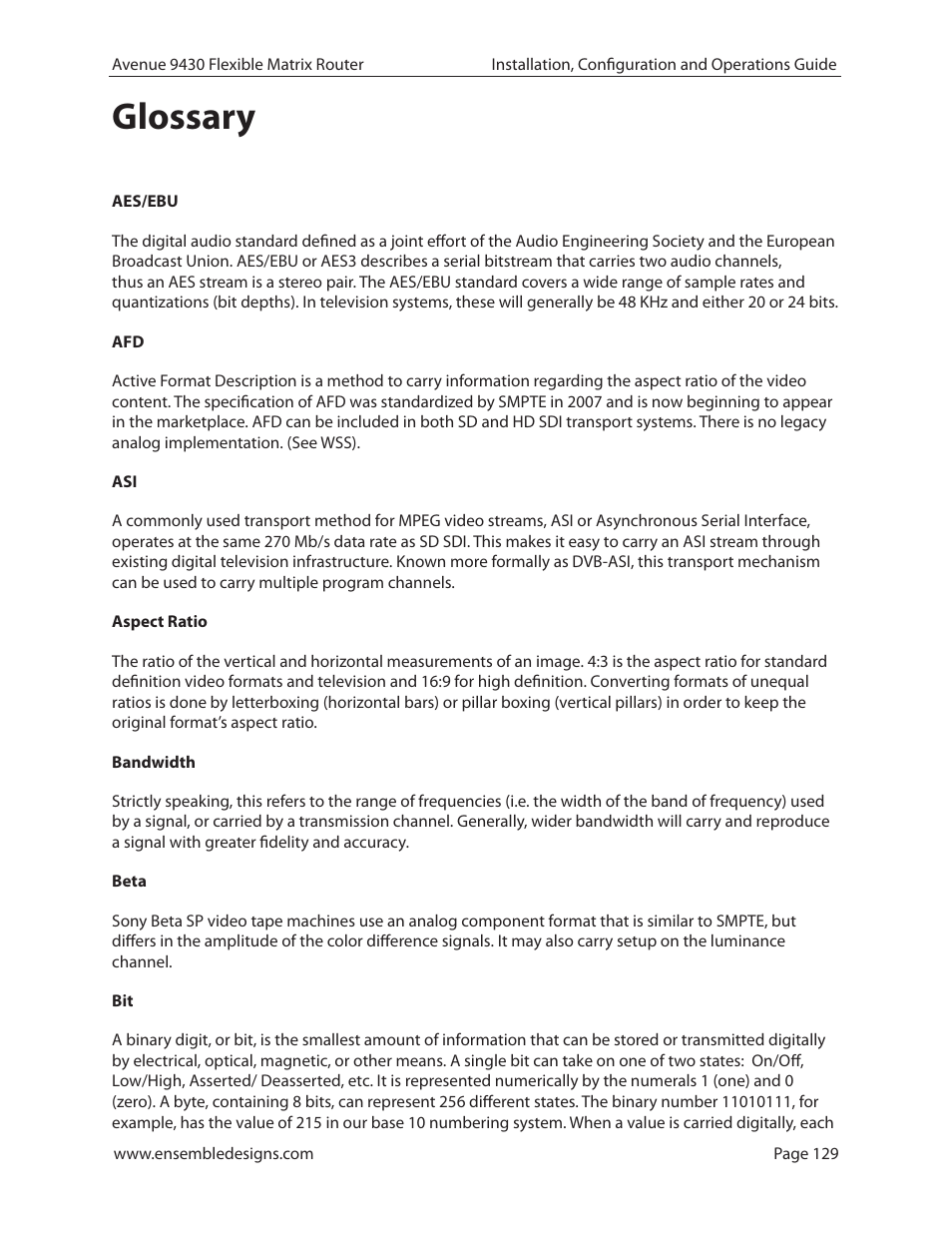 Glossary, Glossary 129 | Ensemble Designs 9430 Flexible Matrix Router for 3G / HD / SD / ASI User Manual | Page 129 / 138