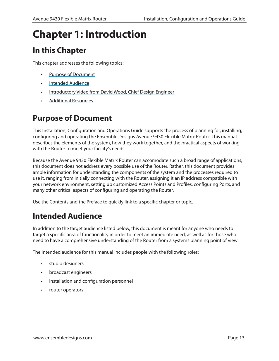 Chapter 1: introduction, In this chapter, Purpose of document | Intended audience | Ensemble Designs 9430 Flexible Matrix Router for 3G / HD / SD / ASI User Manual | Page 13 / 138