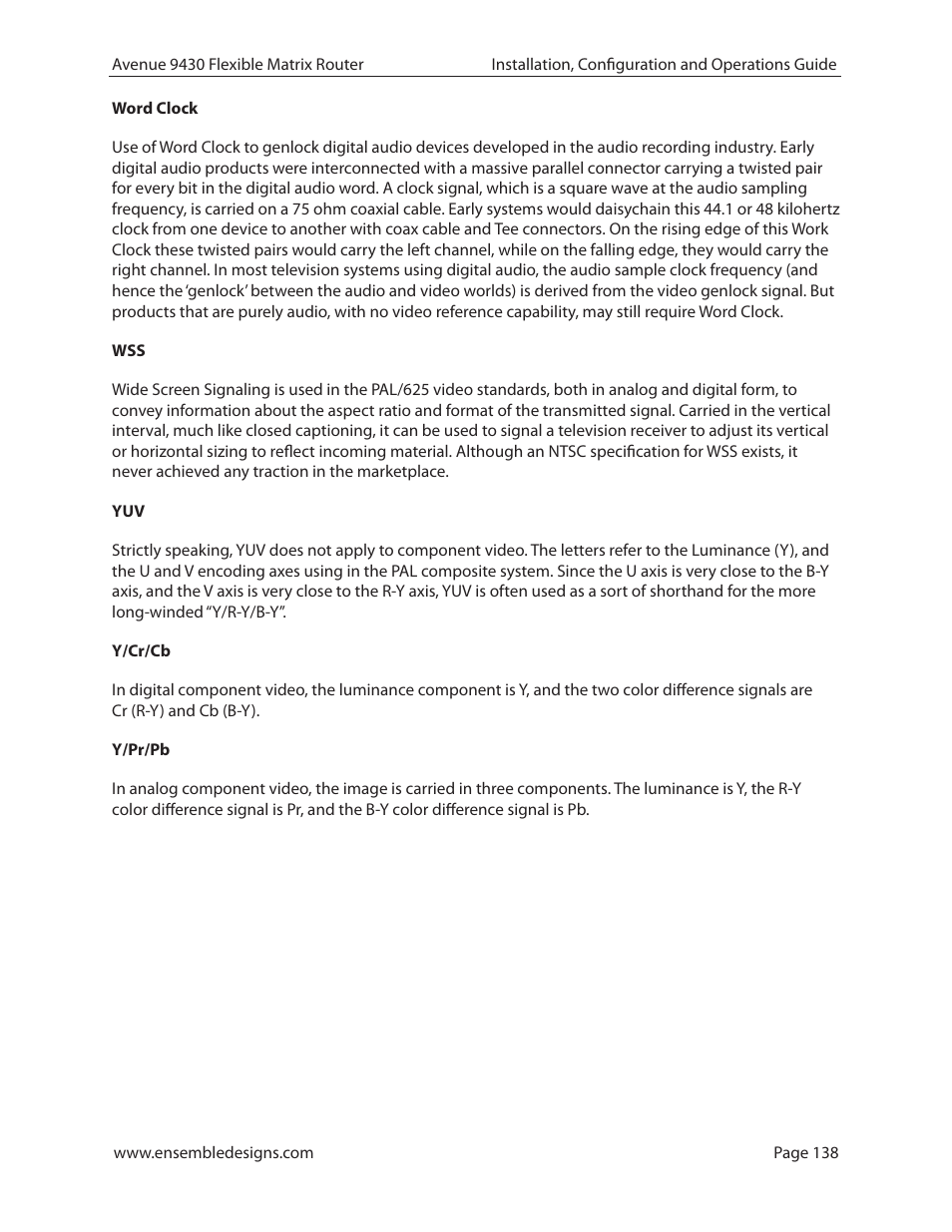 Ensemble Designs 9430 Flexible Matrix Router for 3G / HD / SD / ASI User Manual | Page 138 / 138