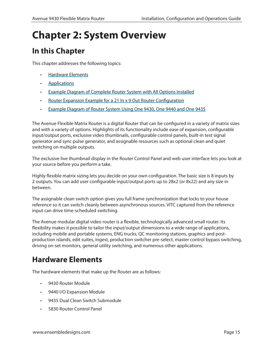 Chapter 2: system overview, In this chapter, Hardware elements | Ensemble Designs 9430 Flexible Matrix Router for 3G / HD / SD / ASI User Manual | Page 15 / 138