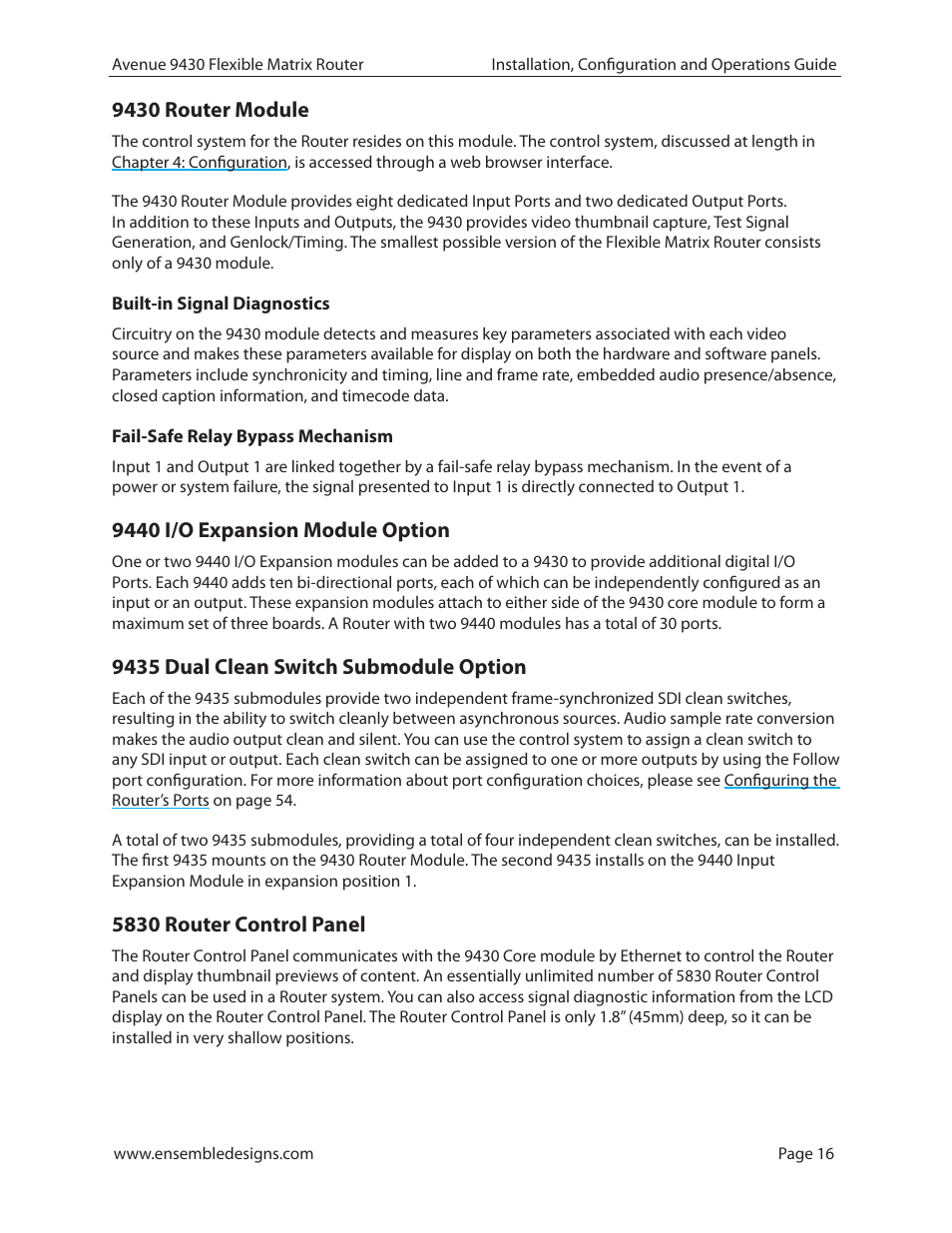9430 router module, Built-in signal diagnostics, Fail-safe relay bypass mechanism | 9440 i/o expansion module option, 9435 dual clean switch submodule option, 5830 router control panel | Ensemble Designs 9430 Flexible Matrix Router for 3G / HD / SD / ASI User Manual | Page 16 / 138