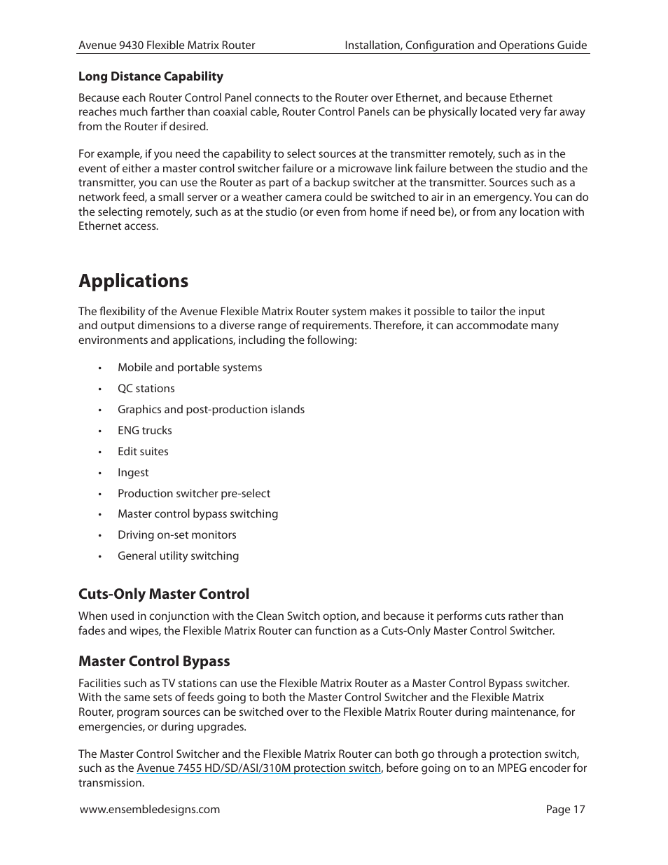 Long distance capability, Applications, Cuts-only master control | Master control bypass, Applications 17 | Ensemble Designs 9430 Flexible Matrix Router for 3G / HD / SD / ASI User Manual | Page 17 / 138