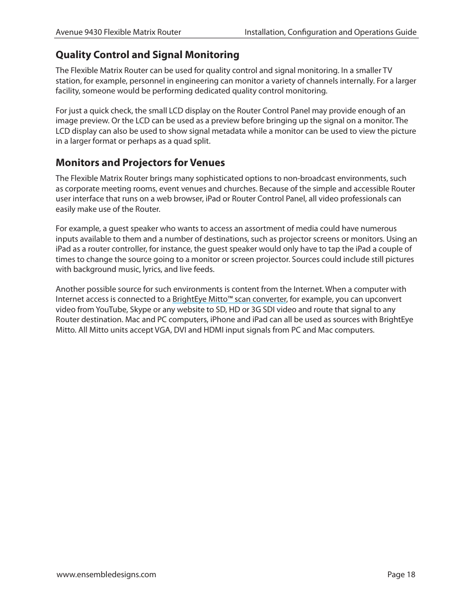 Quality control and signal monitoring, Monitors and projectors for venues | Ensemble Designs 9430 Flexible Matrix Router for 3G / HD / SD / ASI User Manual | Page 18 / 138