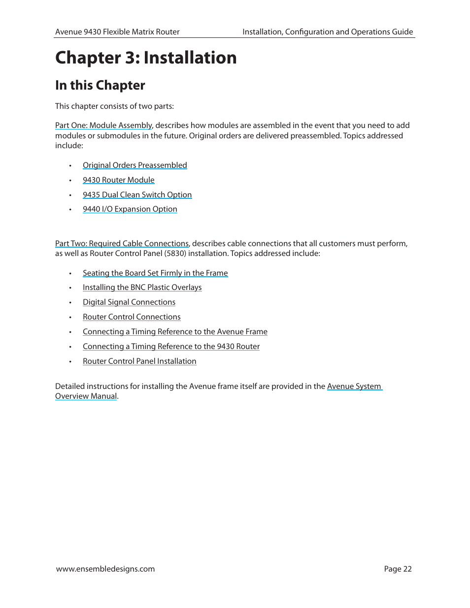 Chapter 3: installation, In this chapter | Ensemble Designs 9430 Flexible Matrix Router for 3G / HD / SD / ASI User Manual | Page 22 / 138