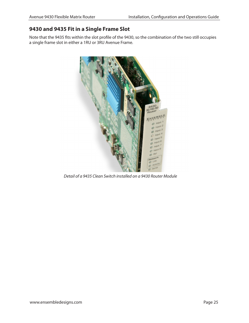 9430 and 9435 fit in a single frame slot | Ensemble Designs 9430 Flexible Matrix Router for 3G / HD / SD / ASI User Manual | Page 25 / 138