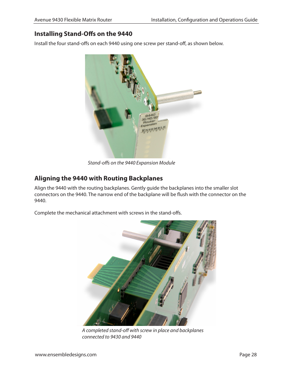Installing stand-offs on the 9440, Aligning the 9440 with routing backplanes | Ensemble Designs 9430 Flexible Matrix Router for 3G / HD / SD / ASI User Manual | Page 28 / 138