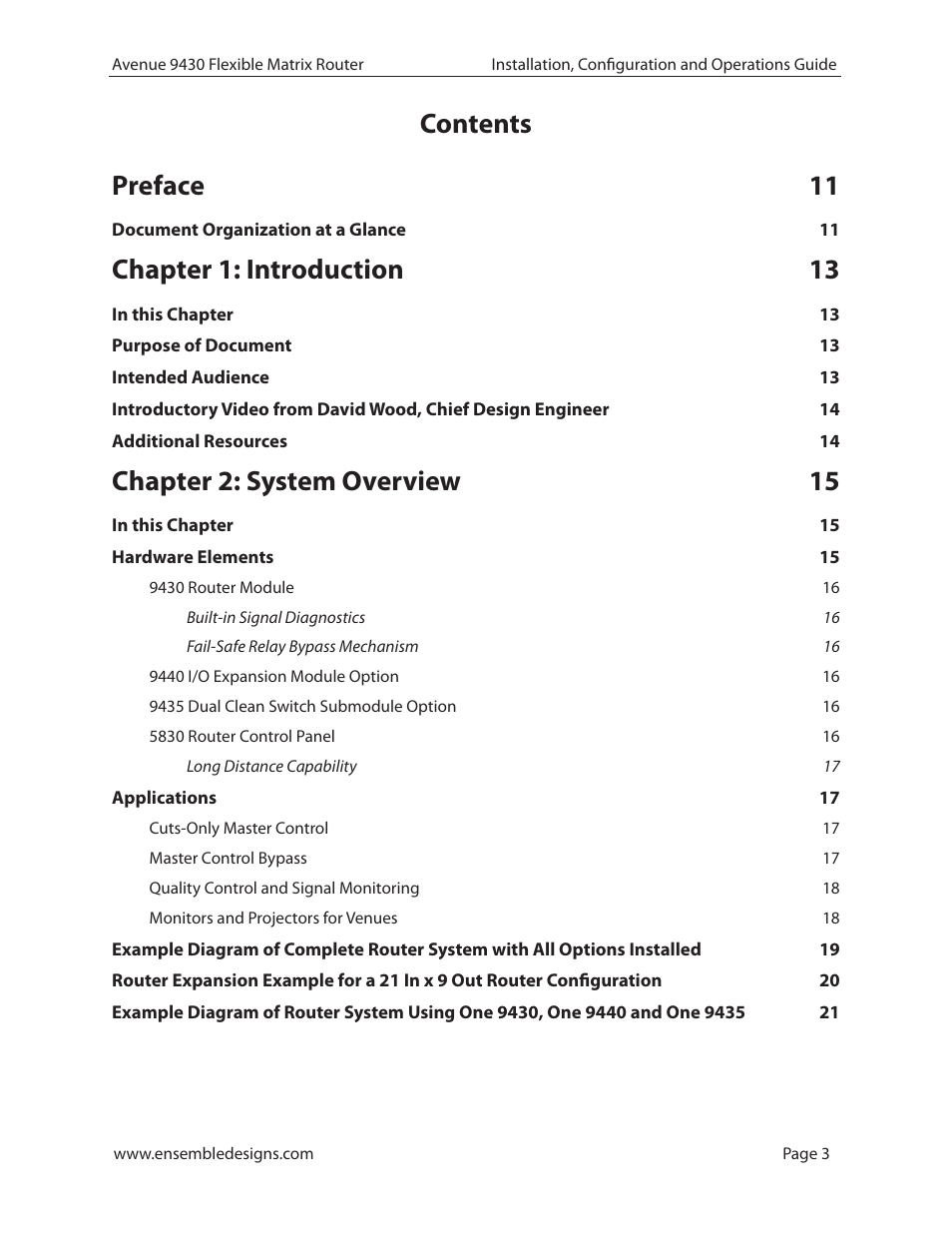 Contents preface 11, Chapter 1: introduction 13, Chapter 2: system overview 15 | Ensemble Designs 9430 Flexible Matrix Router for 3G / HD / SD / ASI User Manual | Page 3 / 138