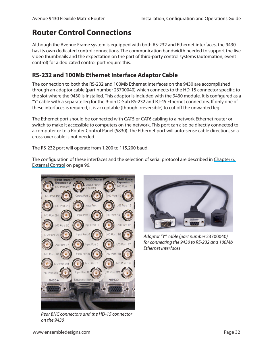 Router control connections, Rs-232 and 100mb ethernet interface adaptor cable | Ensemble Designs 9430 Flexible Matrix Router for 3G / HD / SD / ASI User Manual | Page 32 / 138