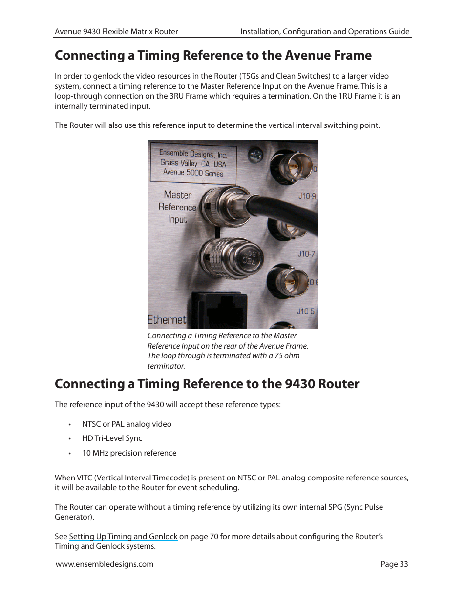 Connecting a timing reference to the avenue frame, Connecting a timing reference to the 9430 router | Ensemble Designs 9430 Flexible Matrix Router for 3G / HD / SD / ASI User Manual | Page 33 / 138