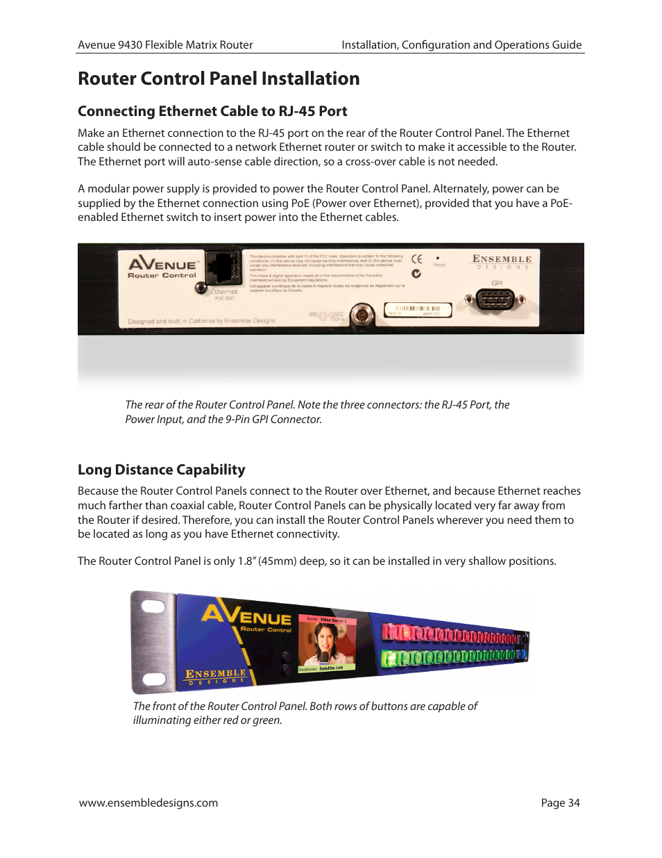 Router control panel installation, Connecting ethernet cable to rj-45 port, Long distance capability | Ensemble Designs 9430 Flexible Matrix Router for 3G / HD / SD / ASI User Manual | Page 34 / 138