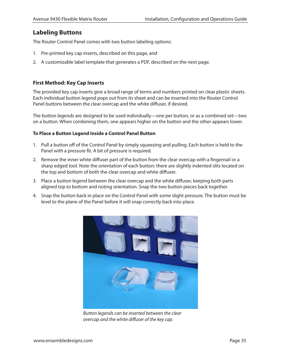 Labeling buttons, First method: key cap inserts | Ensemble Designs 9430 Flexible Matrix Router for 3G / HD / SD / ASI User Manual | Page 35 / 138