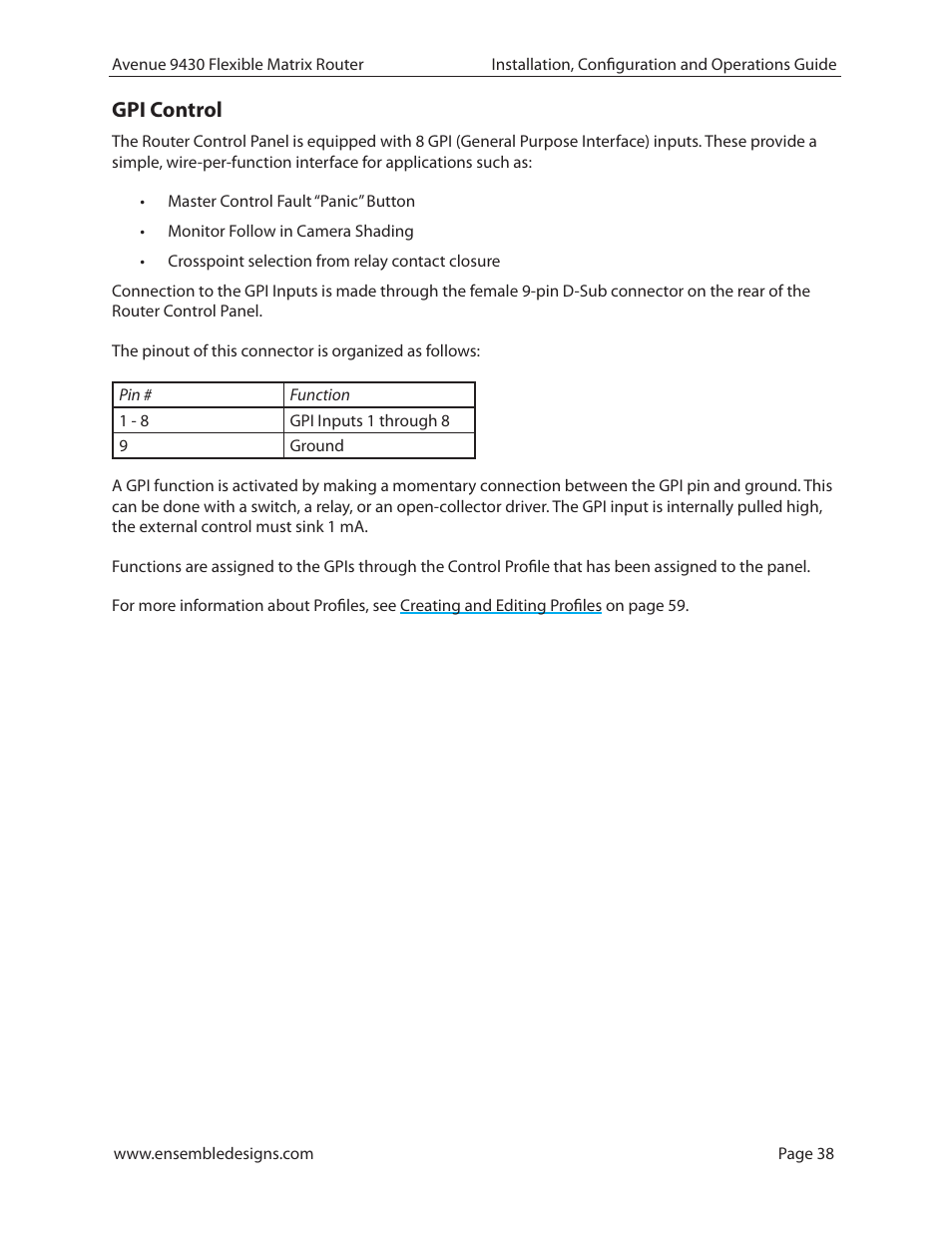 Gpi control | Ensemble Designs 9430 Flexible Matrix Router for 3G / HD / SD / ASI User Manual | Page 38 / 138