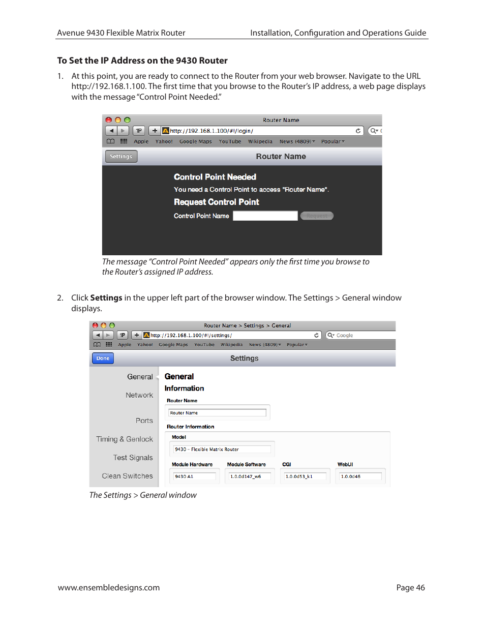 To set the ip address on the 9430 router | Ensemble Designs 9430 Flexible Matrix Router for 3G / HD / SD / ASI User Manual | Page 46 / 138