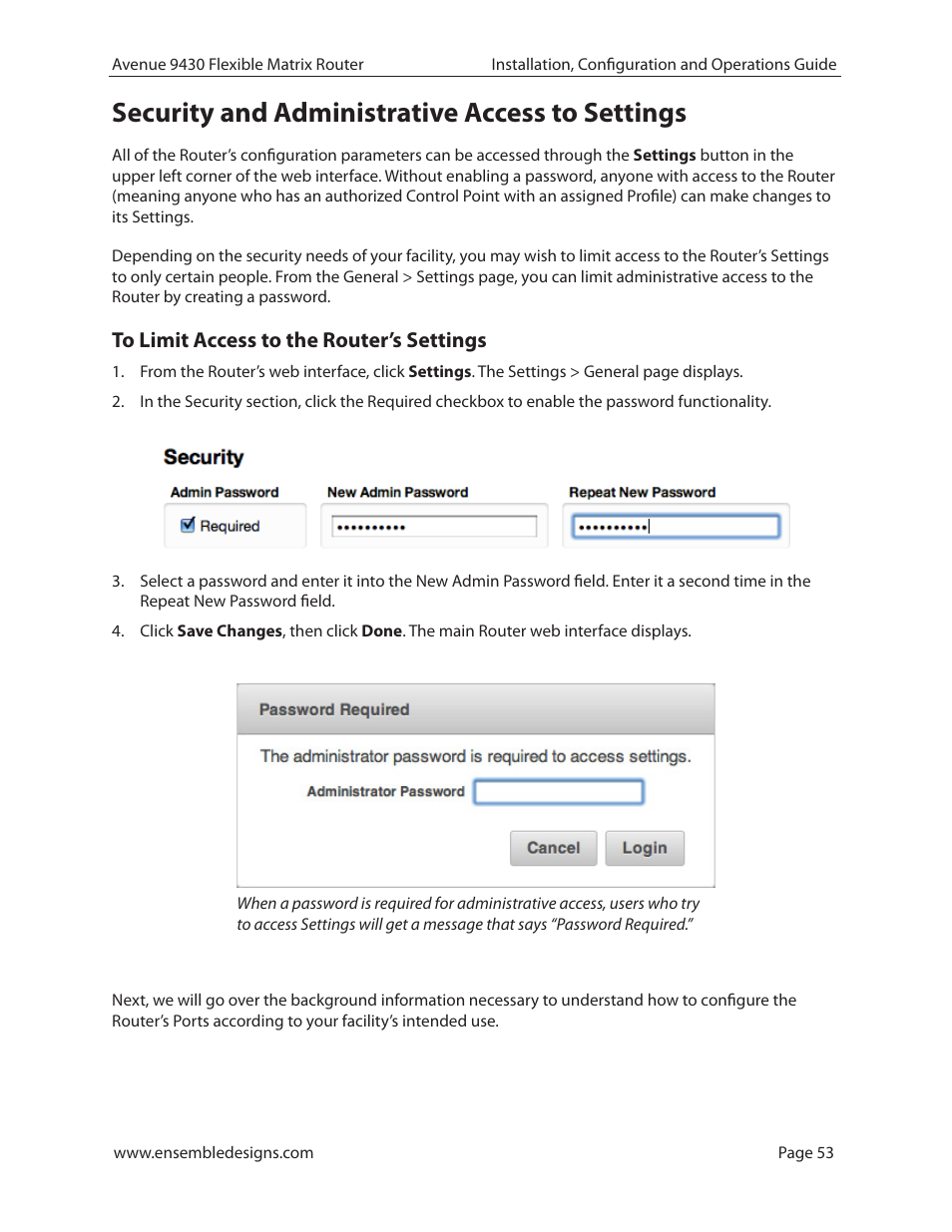 Security and administrative access to settings, To limit access to the router’s settings | Ensemble Designs 9430 Flexible Matrix Router for 3G / HD / SD / ASI User Manual | Page 53 / 138