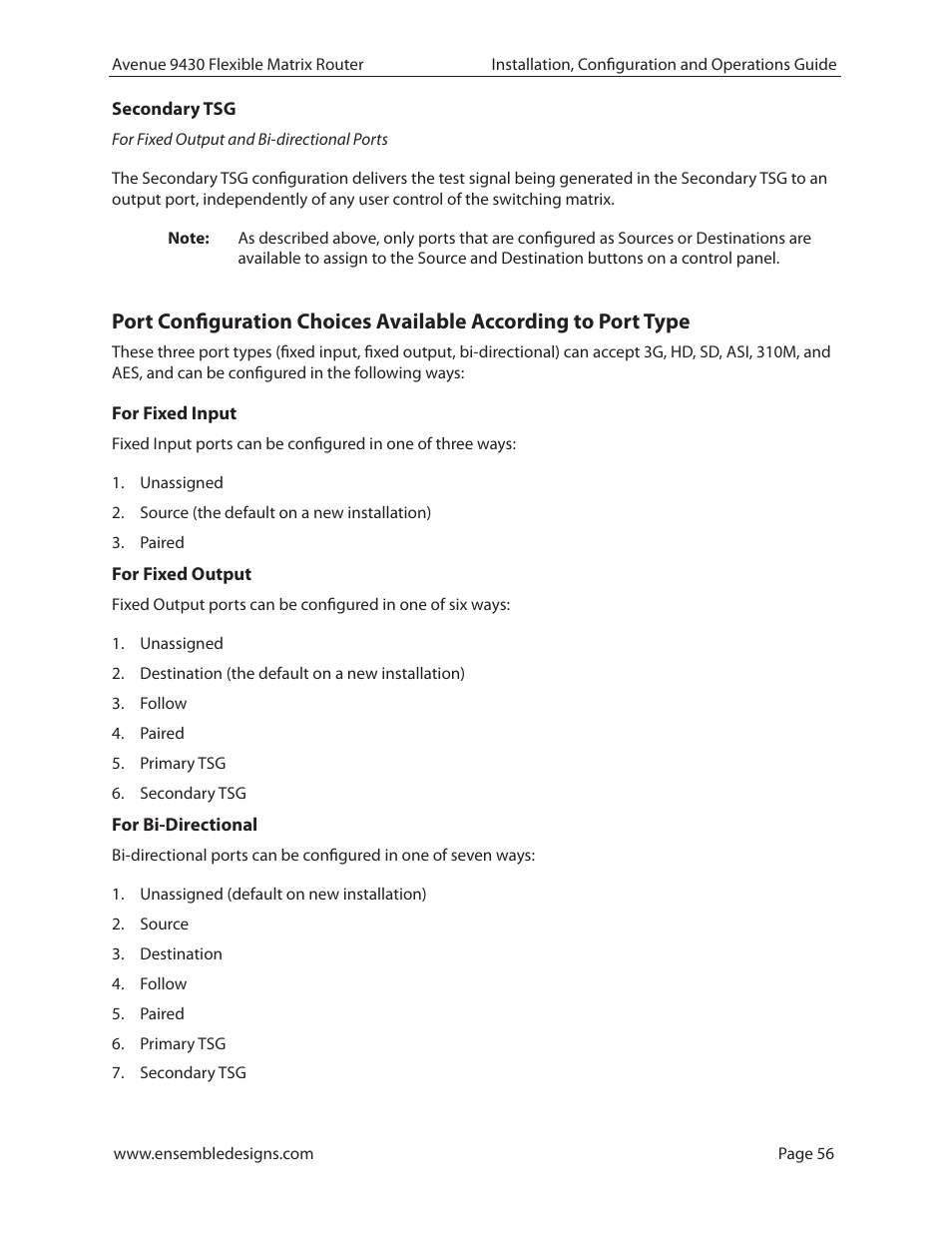 Secondary tsg, For fixed input, For fixed output | For bi-directional | Ensemble Designs 9430 Flexible Matrix Router for 3G / HD / SD / ASI User Manual | Page 56 / 138