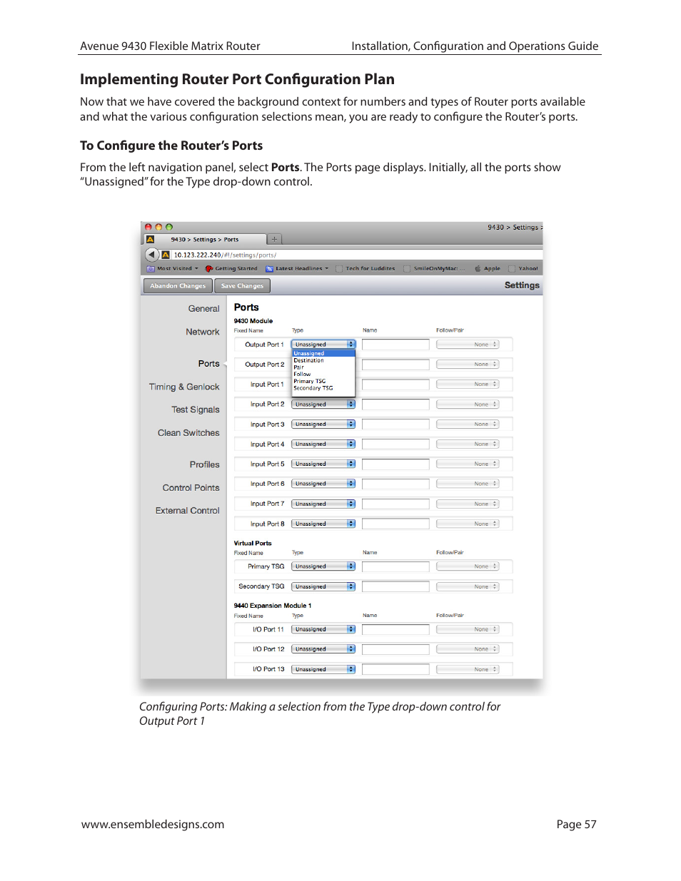 Implementing router port configuration plan, To configure the router’s ports | Ensemble Designs 9430 Flexible Matrix Router for 3G / HD / SD / ASI User Manual | Page 57 / 138