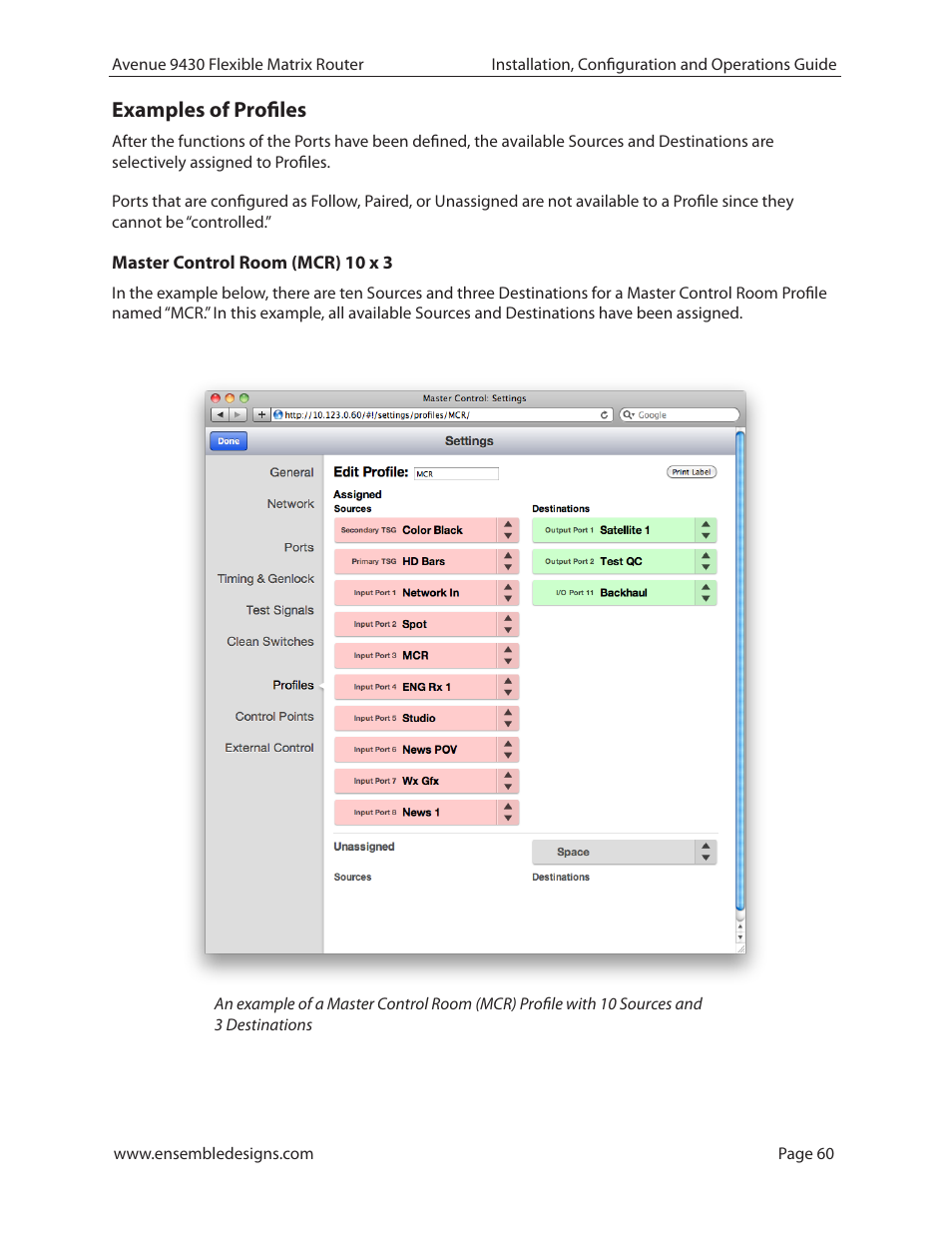 Examples of profiles, Master control room (mcr) 10 x 3 | Ensemble Designs 9430 Flexible Matrix Router for 3G / HD / SD / ASI User Manual | Page 60 / 138