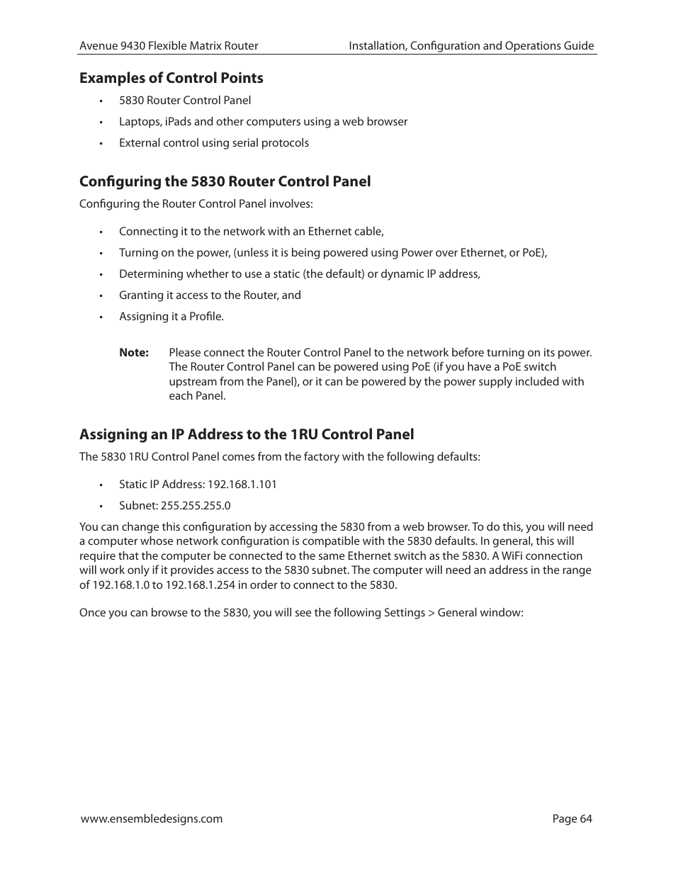 Examples of control points, Configuring the 5830 router control panel, Assigning an ip address to the 1ru control panel | Ensemble Designs 9430 Flexible Matrix Router for 3G / HD / SD / ASI User Manual | Page 64 / 138