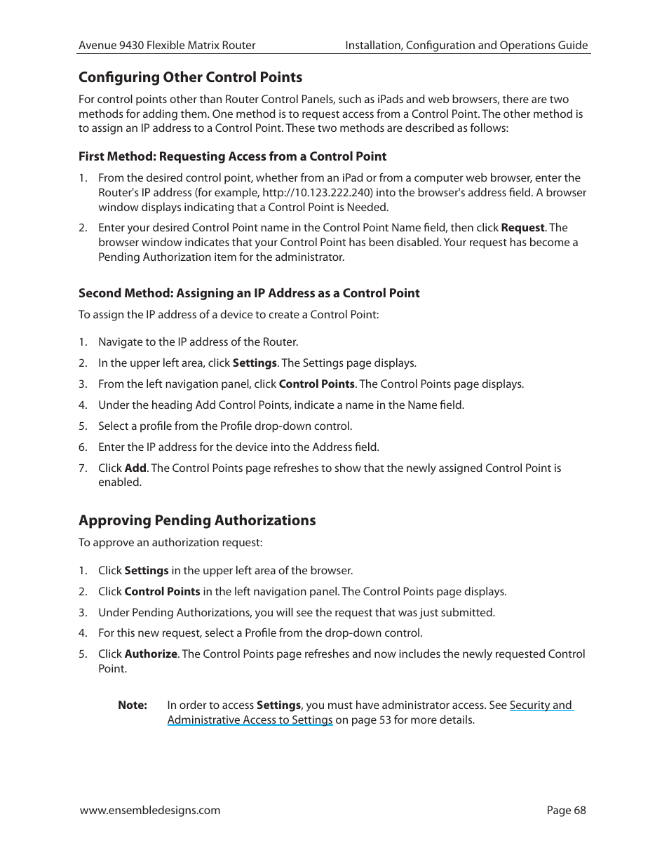 Configuring other control points, Approving pending authorizations | Ensemble Designs 9430 Flexible Matrix Router for 3G / HD / SD / ASI User Manual | Page 68 / 138