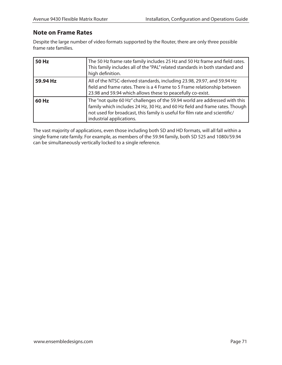 Note on frame rates, 50 hz, 94 hz | 60 hz | Ensemble Designs 9430 Flexible Matrix Router for 3G / HD / SD / ASI User Manual | Page 71 / 138