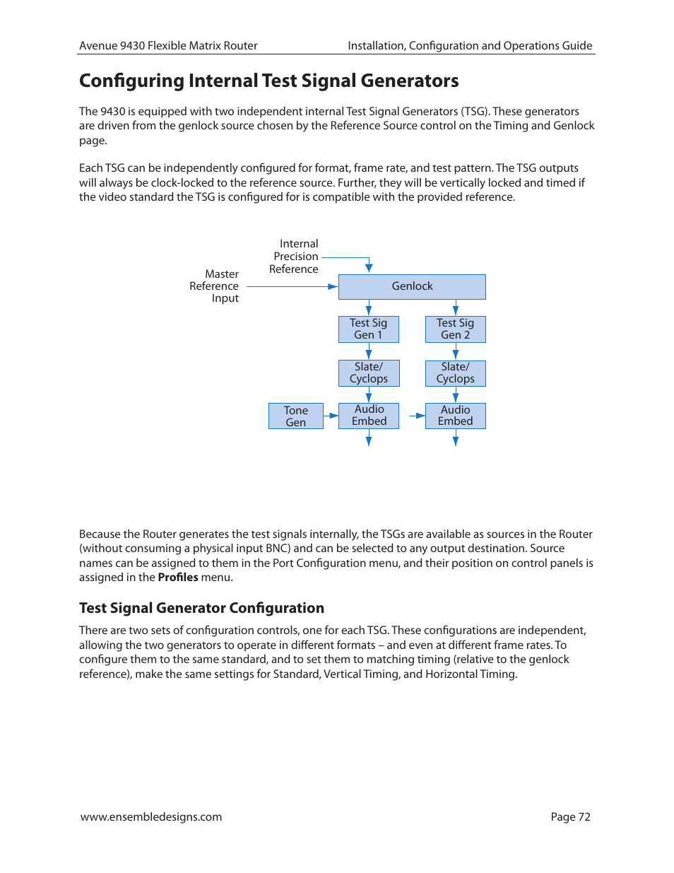 Configuring internal test signal generators, Test signal generator configuration | Ensemble Designs 9430 Flexible Matrix Router for 3G / HD / SD / ASI User Manual | Page 72 / 138