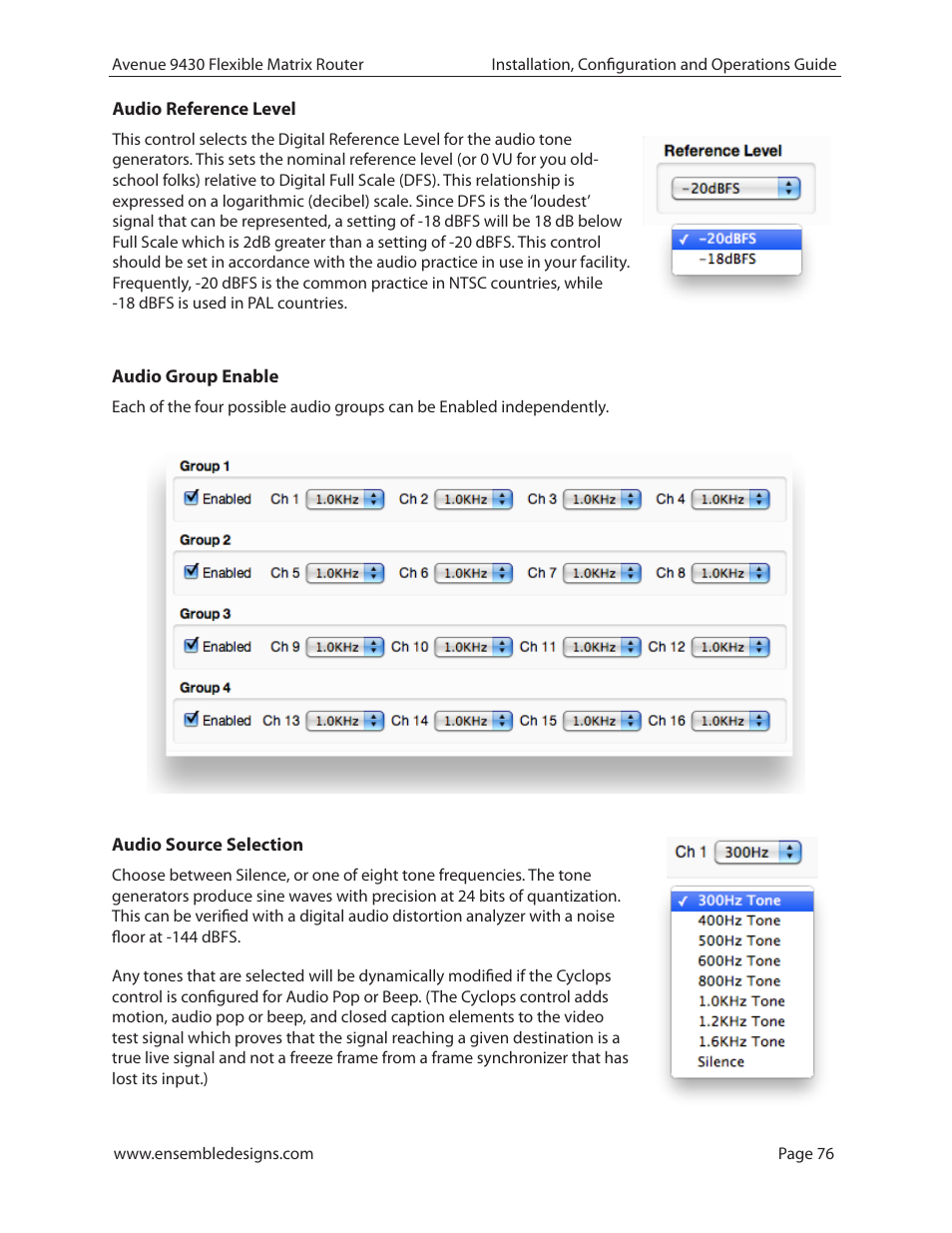 Audio reference level, Audio group enable, Audio source selection | Ensemble Designs 9430 Flexible Matrix Router for 3G / HD / SD / ASI User Manual | Page 76 / 138