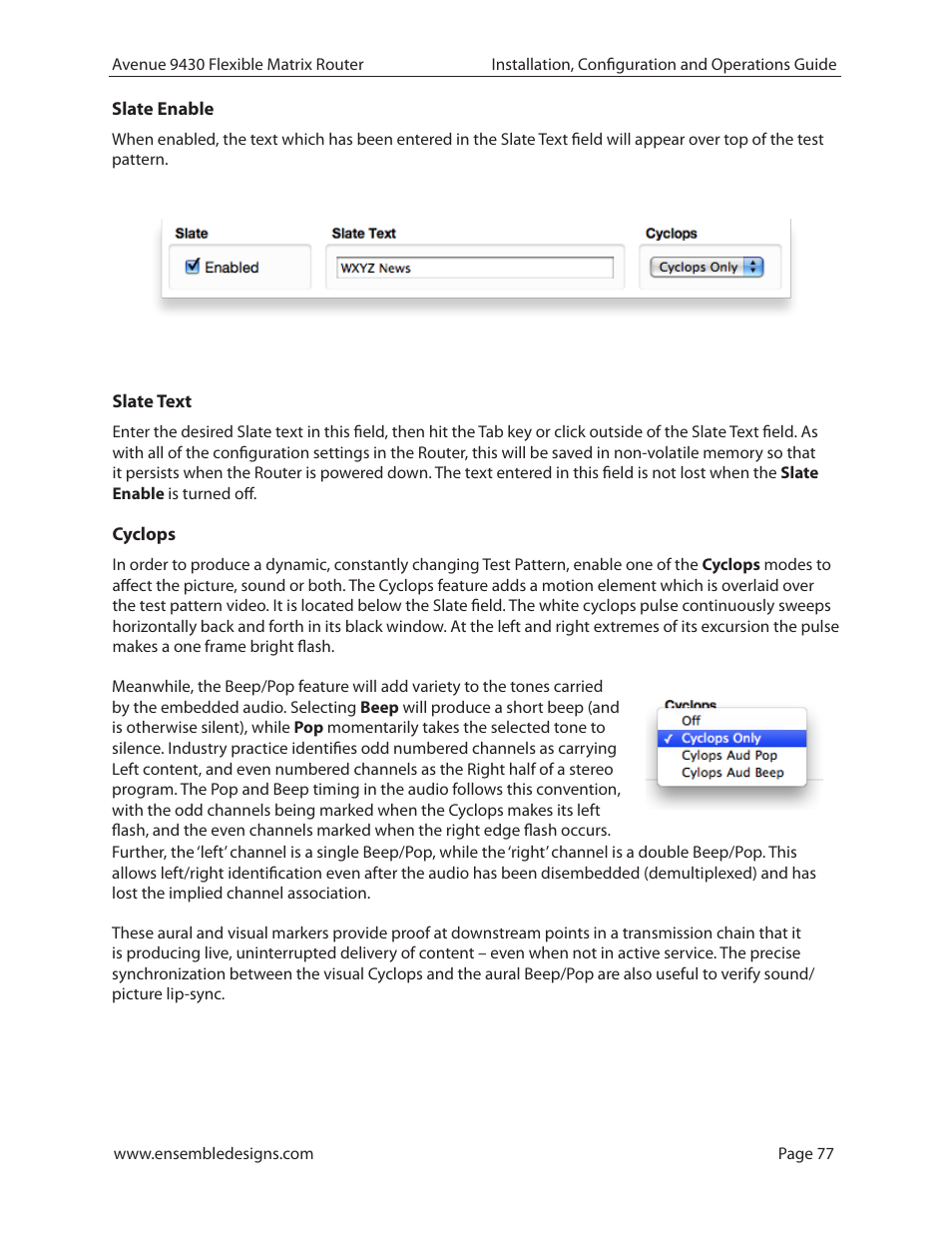 Slate enable, Slate text, Cyclops | Cyclops 77 | Ensemble Designs 9430 Flexible Matrix Router for 3G / HD / SD / ASI User Manual | Page 77 / 138