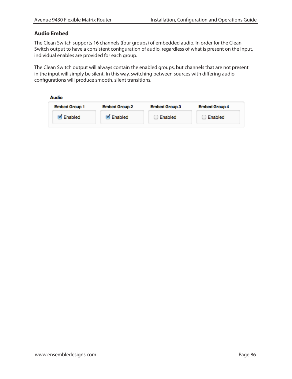 Audio embed | Ensemble Designs 9430 Flexible Matrix Router for 3G / HD / SD / ASI User Manual | Page 86 / 138