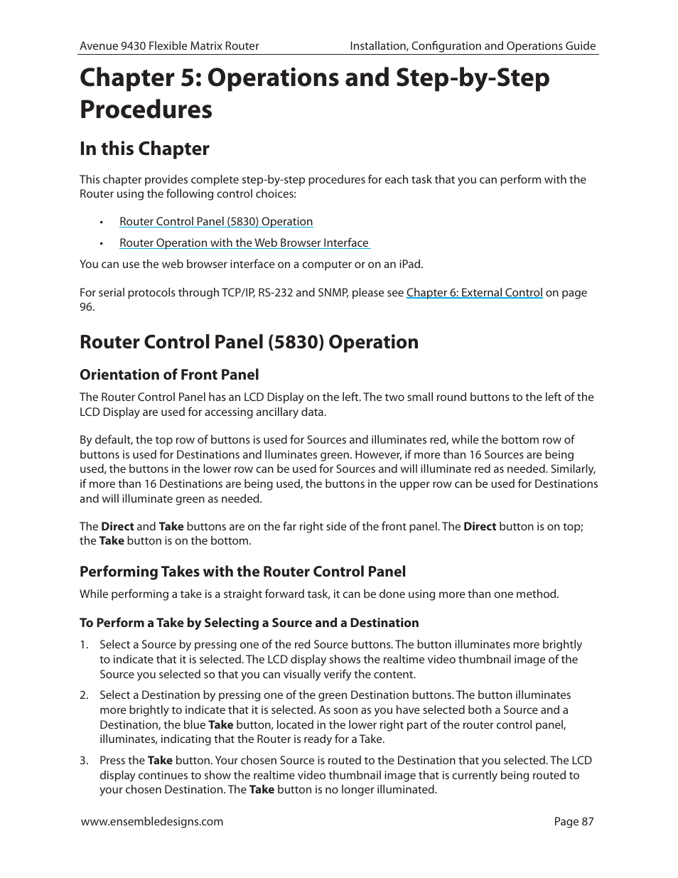 Chapter 5: operations and step-by-step procedures, In this chapter, Router control panel (5830) operation | Orientation of front panel, Performing takes with the router control panel | Ensemble Designs 9430 Flexible Matrix Router for 3G / HD / SD / ASI User Manual | Page 87 / 138