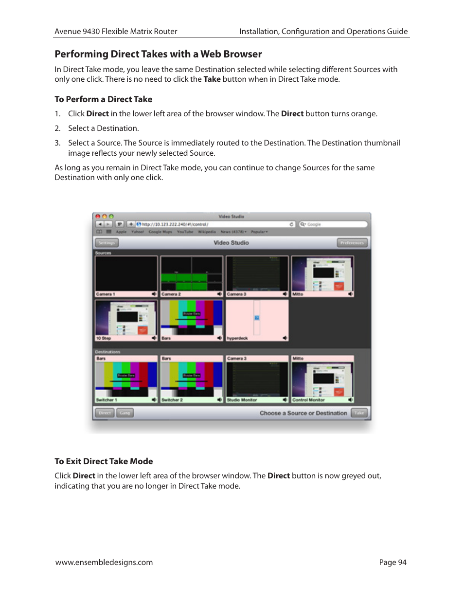 Performing direct takes with a web browser, To perform a direct take, To exit direct take mode | Ensemble Designs 9430 Flexible Matrix Router for 3G / HD / SD / ASI User Manual | Page 94 / 138