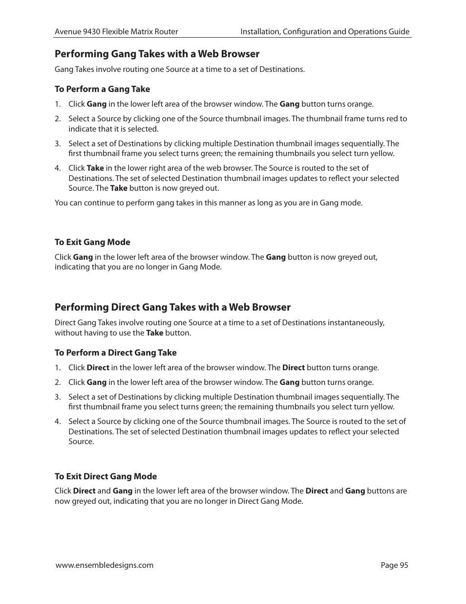 Performing gang takes with a web browser, To perform a gang take, To exit gang mode | Performing direct gang takes with a web browser, To perform a direct gang take, To exit direct gang mode | Ensemble Designs 9430 Flexible Matrix Router for 3G / HD / SD / ASI User Manual | Page 95 / 138