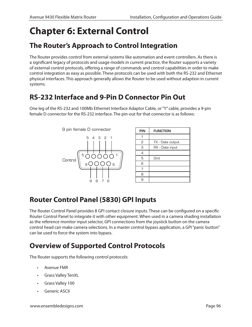 Chapter 6: external control, The router’s approach to control integration, Rs-232 interface and 9-pin d connector pin out | Router control panel (5830) gpi inputs, Overview of supported control protocols | Ensemble Designs 9430 Flexible Matrix Router for 3G / HD / SD / ASI User Manual | Page 96 / 138