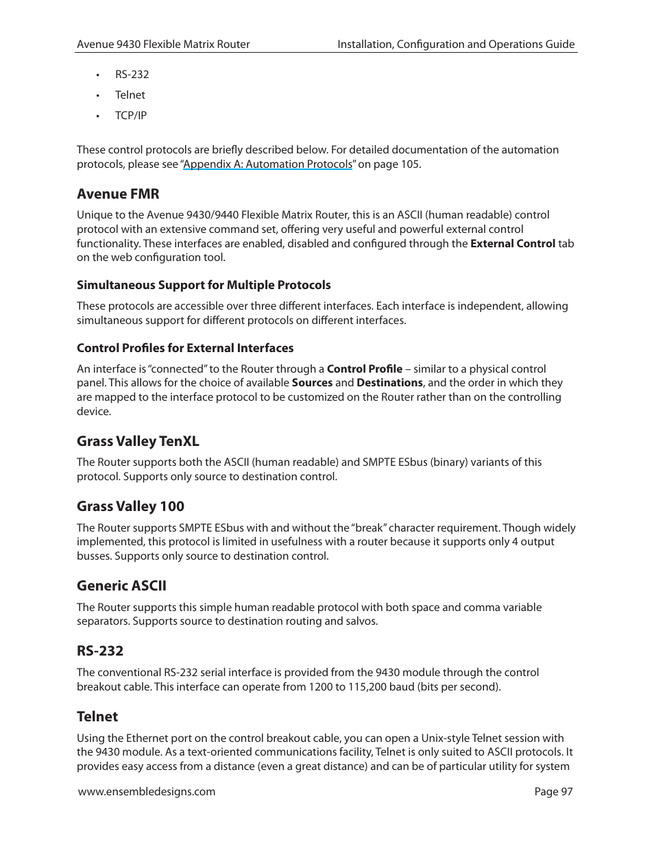 Avenue fmr, Simultaneous support for multiple protocols, Control profiles for external interfaces | Grass valley tenxl, Grass valley 100, Generic ascii, Rs-232, Telnet, Rs-232 97, Telnet 97 | Ensemble Designs 9430 Flexible Matrix Router for 3G / HD / SD / ASI User Manual | Page 97 / 138
