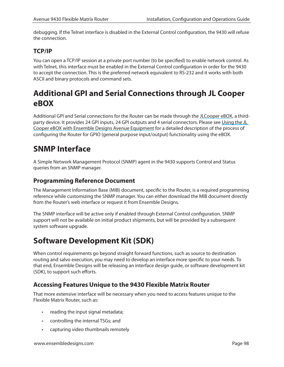 Tcp/ip, Snmp interface, Programming reference document | Software development kit (sdk), Tcp/ip 98 | Ensemble Designs 9430 Flexible Matrix Router for 3G / HD / SD / ASI User Manual | Page 98 / 138