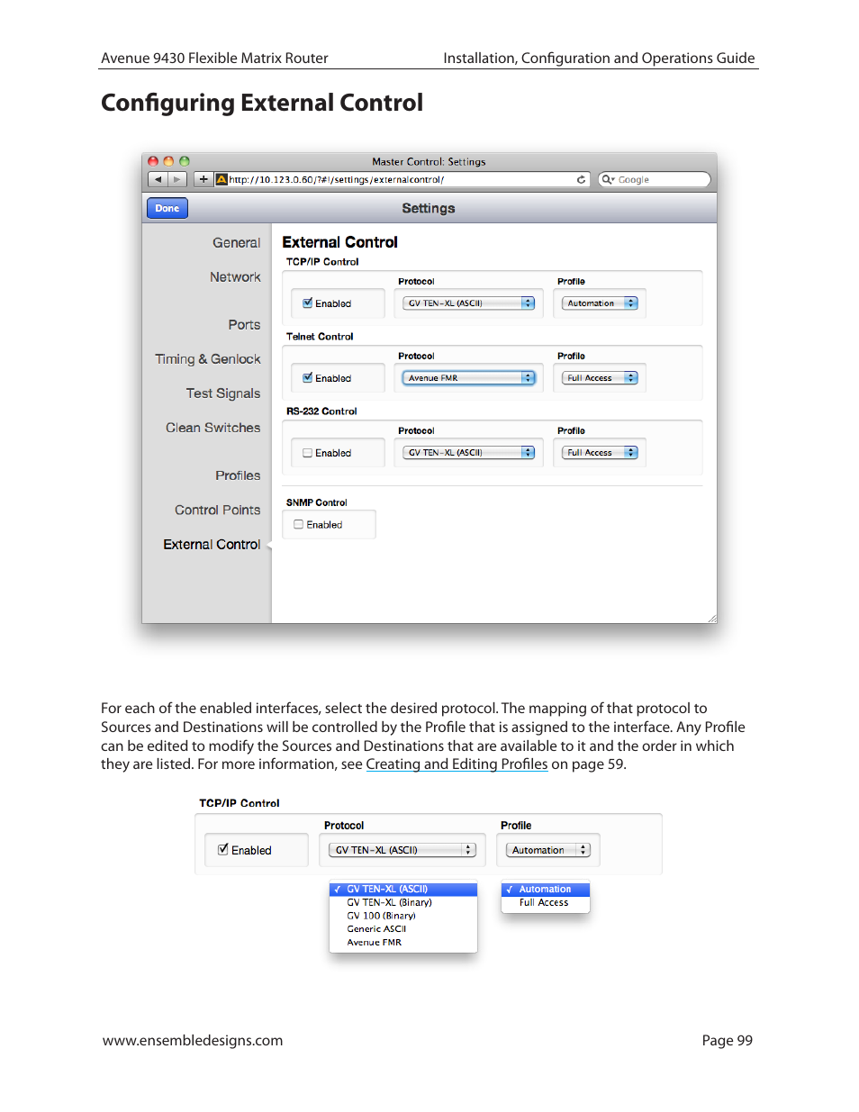 Configuring external control | Ensemble Designs 9430 Flexible Matrix Router for 3G / HD / SD / ASI User Manual | Page 99 / 138