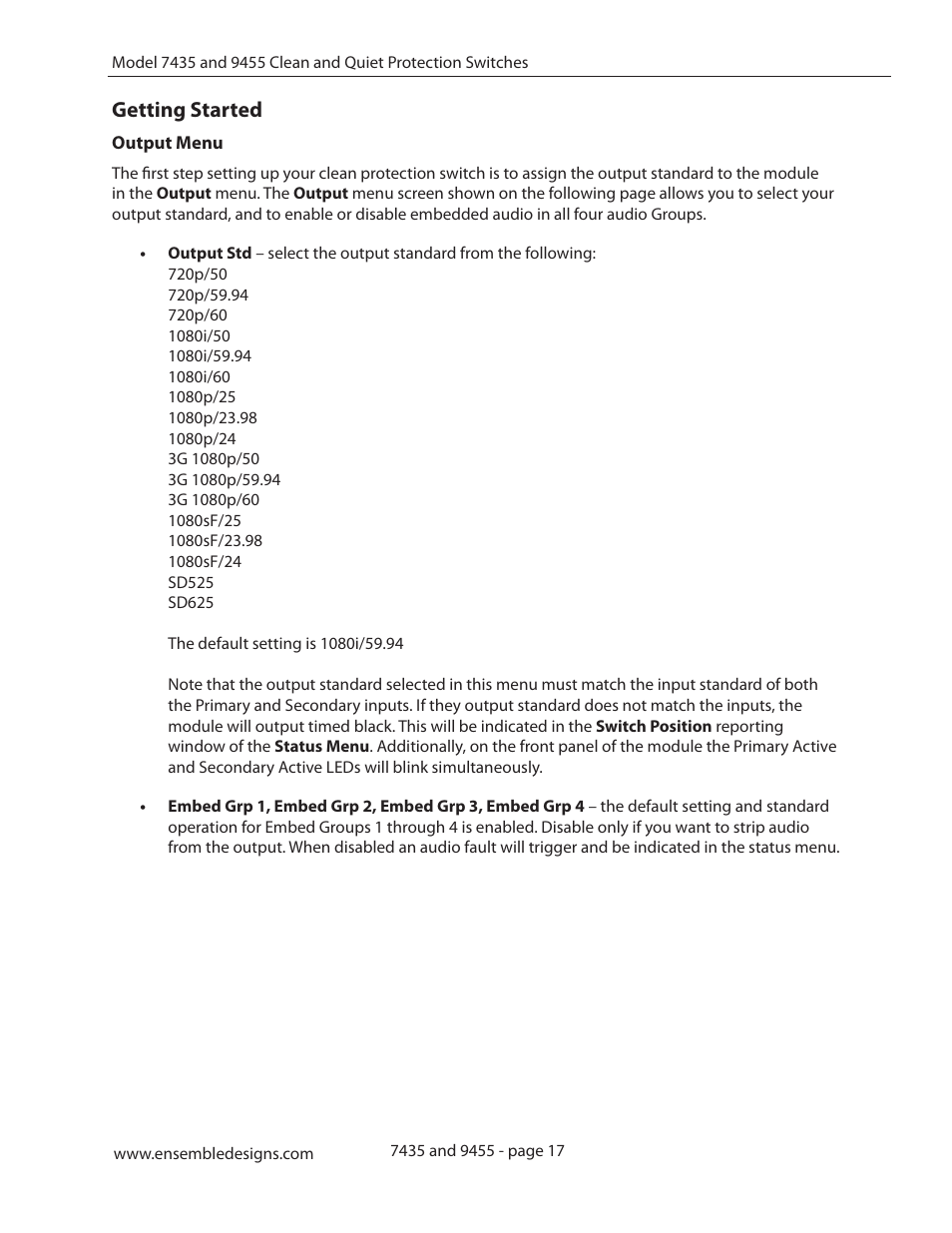 Getting started, Output menu | Ensemble Designs 9455 3G Clean and Quiet Protection Switch User Manual | Page 17 / 64
