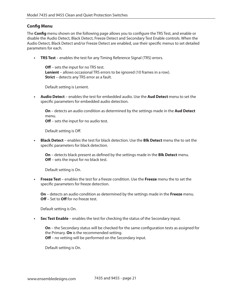 Config menu | Ensemble Designs 9455 3G Clean and Quiet Protection Switch User Manual | Page 21 / 64