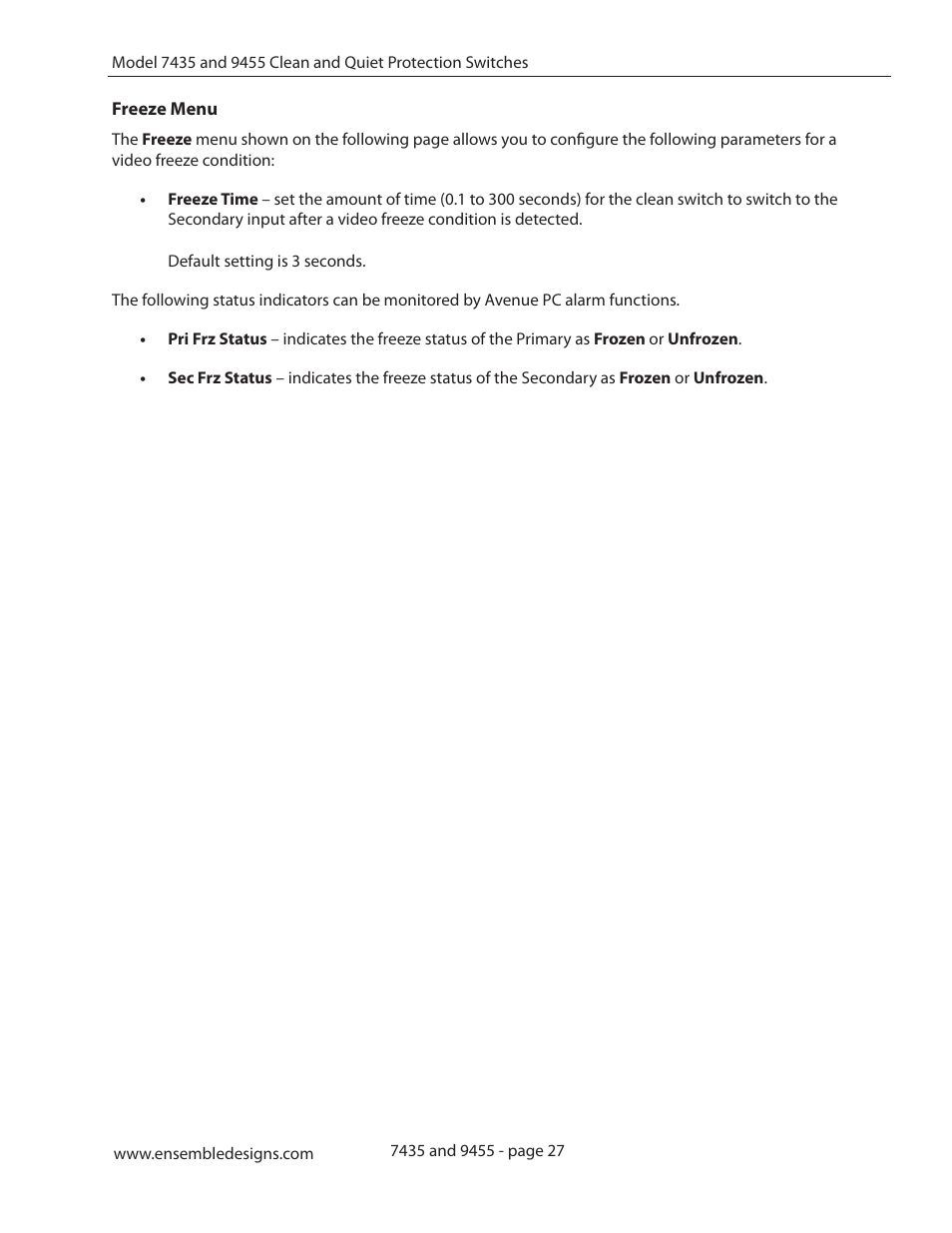 Freeze menu | Ensemble Designs 9455 3G Clean and Quiet Protection Switch User Manual | Page 27 / 64