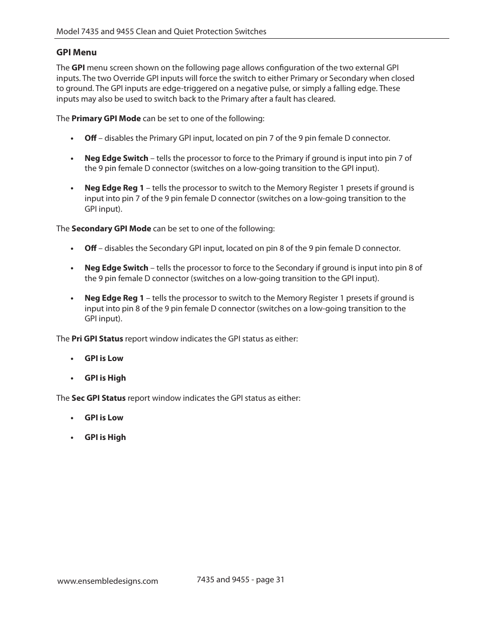 Gpi menu | Ensemble Designs 9455 3G Clean and Quiet Protection Switch User Manual | Page 31 / 64