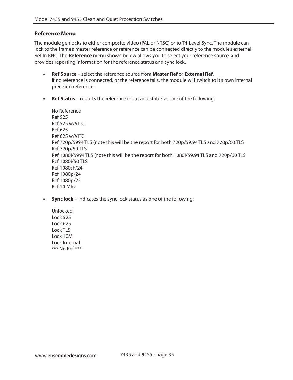 Reference menu | Ensemble Designs 9455 3G Clean and Quiet Protection Switch User Manual | Page 35 / 64