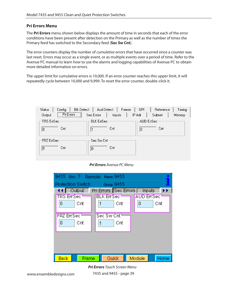 Pri errors menu | Ensemble Designs 9455 3G Clean and Quiet Protection Switch User Manual | Page 39 / 64