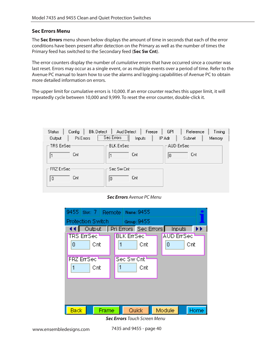 Sec errors menu | Ensemble Designs 9455 3G Clean and Quiet Protection Switch User Manual | Page 40 / 64