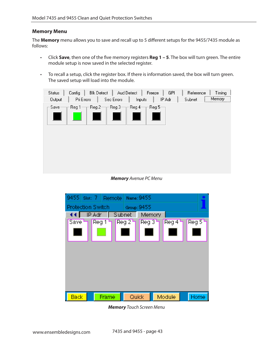 Memory menu | Ensemble Designs 9455 3G Clean and Quiet Protection Switch User Manual | Page 43 / 64
