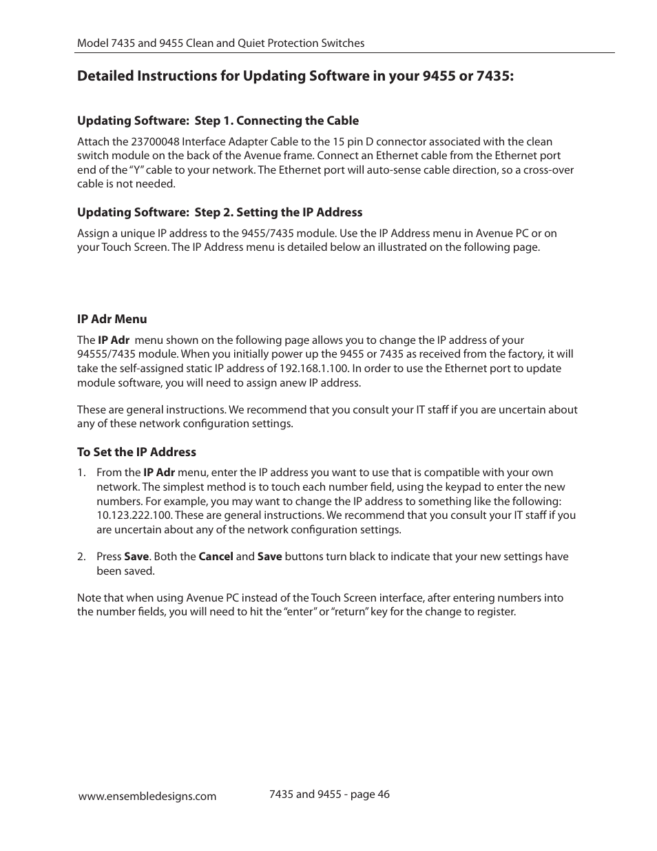 Ip adr menu | Ensemble Designs 9455 3G Clean and Quiet Protection Switch User Manual | Page 46 / 64