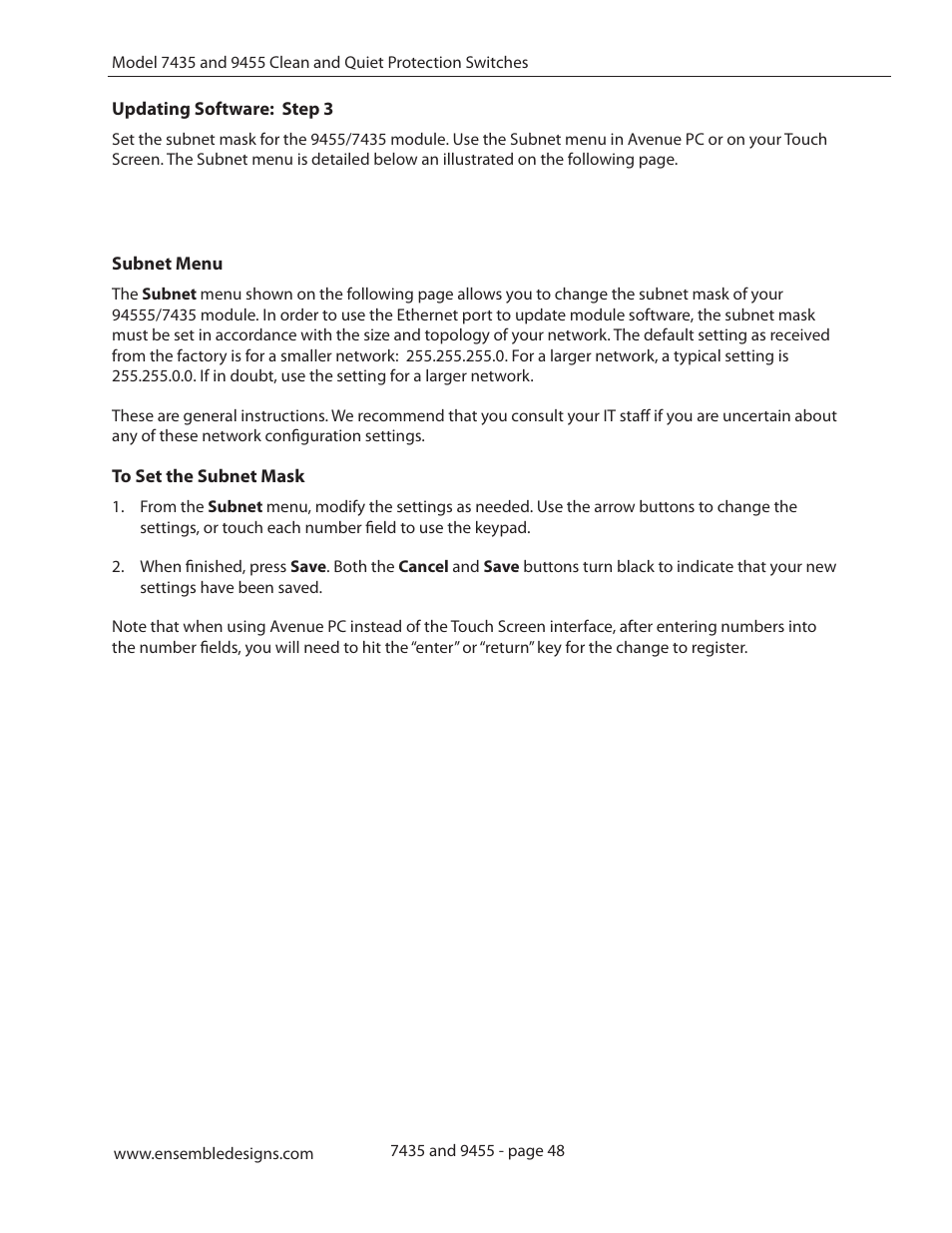 Subnet menu | Ensemble Designs 9455 3G Clean and Quiet Protection Switch User Manual | Page 48 / 64