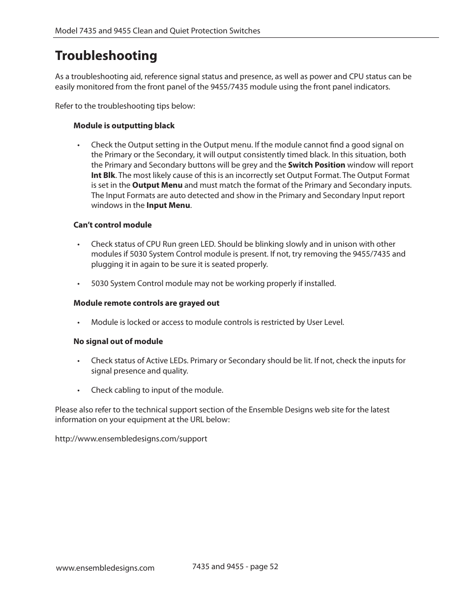 Troubleshooting, Troubleshooting 52 | Ensemble Designs 9455 3G Clean and Quiet Protection Switch User Manual | Page 52 / 64