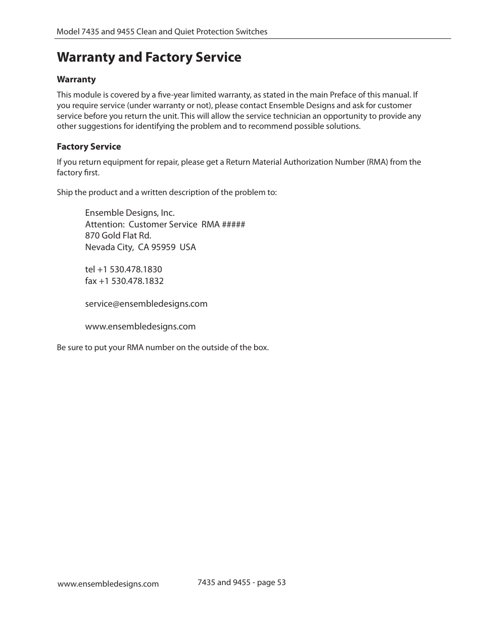 Warranty and factory service | Ensemble Designs 9455 3G Clean and Quiet Protection Switch User Manual | Page 53 / 64